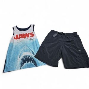Jaws Tank Top & Columbia Swim Trunks Set Men’s Small Black Beach Summer Outfit